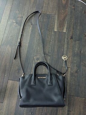 Michael Kors Black Leather Crossbody Purse with Gold MK Charm